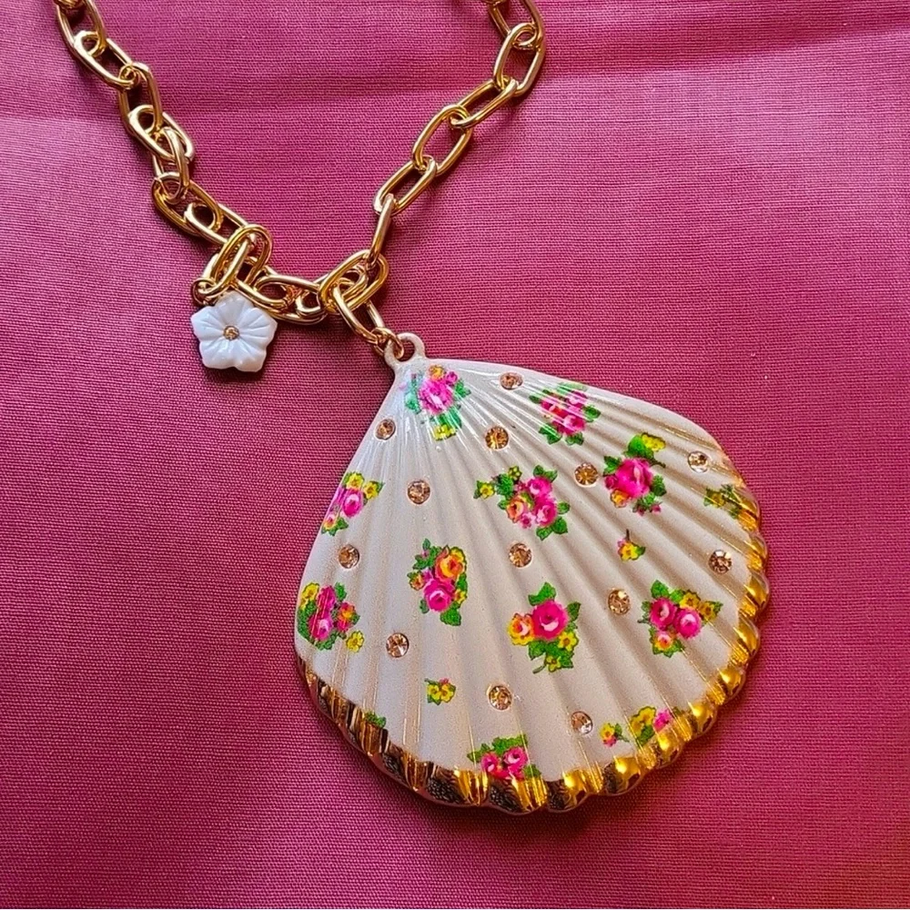 Betsey Johnson NWT Shell Necklace Pink Crystals & Floral Print Design (J028) - Picture 1 of 6